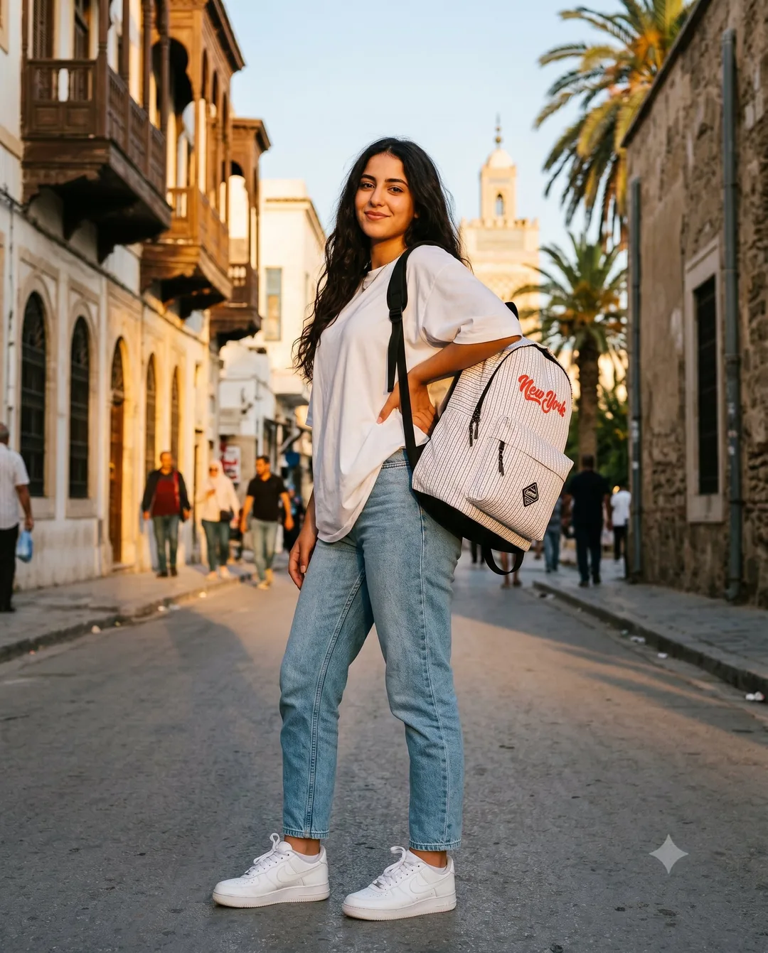 Donia, 19 ans, dans la médina de Tunis avec son sac à dos streetwear style New York